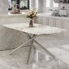 Large modern minimalist rectangular dining table with 0.39 "imitation marble tabletop and silver metal legs, suitable for kitchens, restaurants