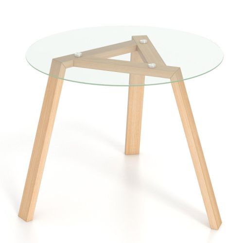 35.5 Inches Round Glass Dining Table for 4 with Rubber Wood Frame